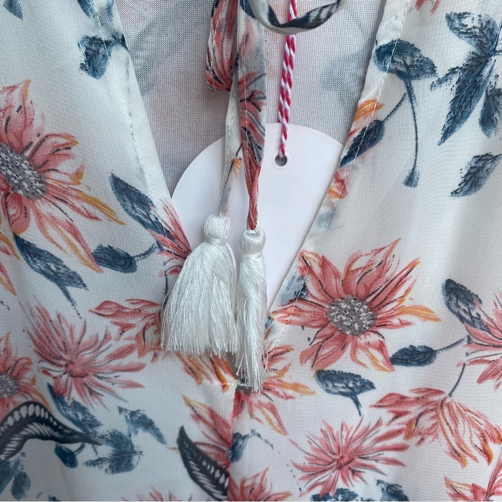Umgee Lightweight Floral Dress Womens Size Medium NWT White Ruffle Tie Tassels - Picture 10 of 11